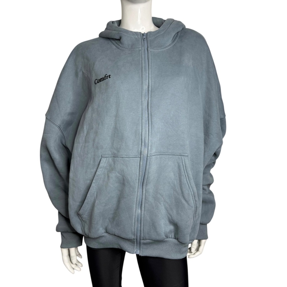 Comfrt Unisex Oversized Full Zip Hoodie Slate Blue Gray Fleece Sweatshirt Medium